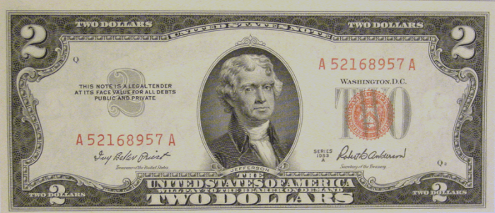 1953 Red Seal Two-Dollar Bill Obverse